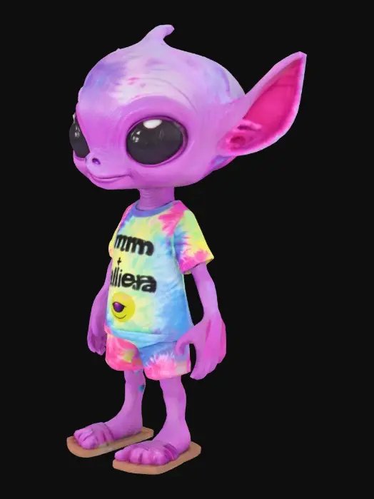 3D model for an alien with pink and purple skin wearing a shirt that says "I'm a believer" in tie dye letters with an alien emoji underneath the writing. Make the alien friendly and cute looking.