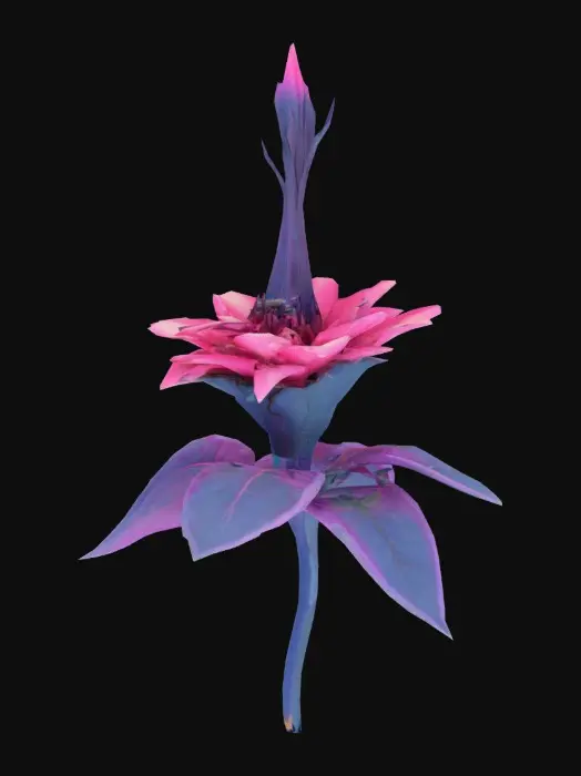 3D model for Alien flower, pink, maroon, and purple with a dark blue stem and leaf