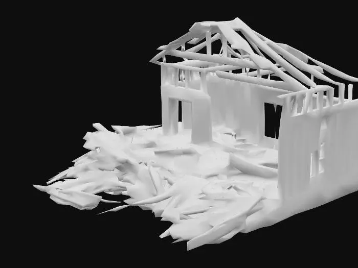 3D model for A destroyed house, pile of wood  scraps, with scrap boards and studs