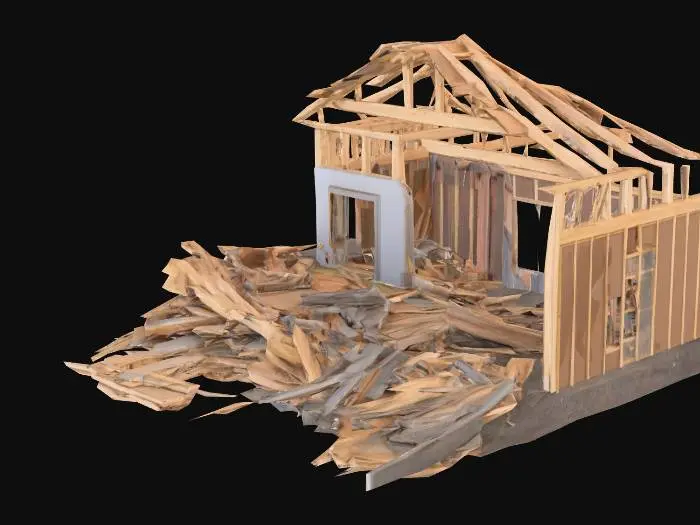 3D model for A destroyed house, pile of wood  scraps, with scrap boards and studs