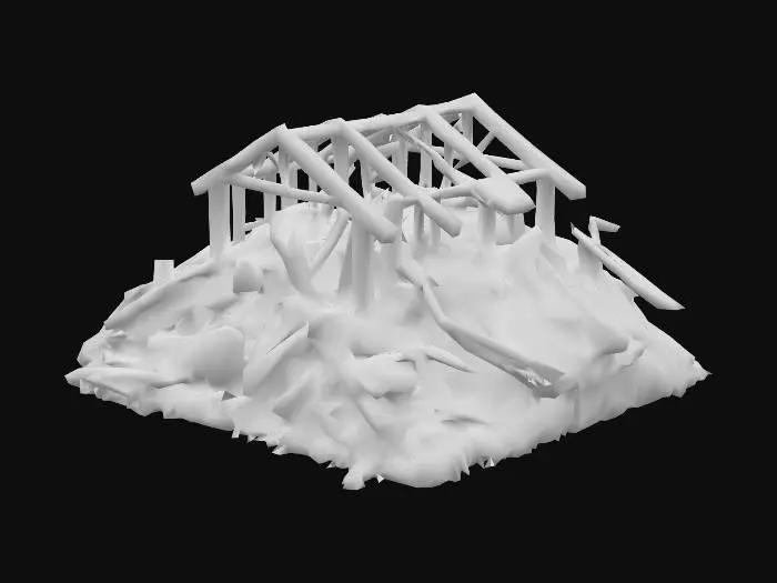 3D model for A destroyed pile of wood house rubble, with scrap plyboards, 2x4 studs and broken pieces of wall