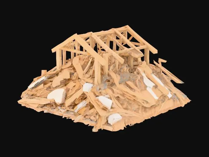 3D model for A destroyed pile of wood house rubble, with scrap plyboards, 2x4 studs and broken pieces of wall