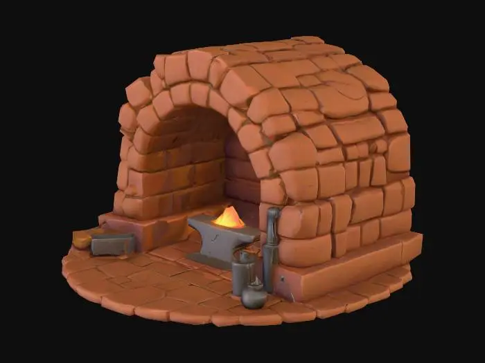 3D model for Stylized forge made of clay and stone with metal anvil. #Game Asset