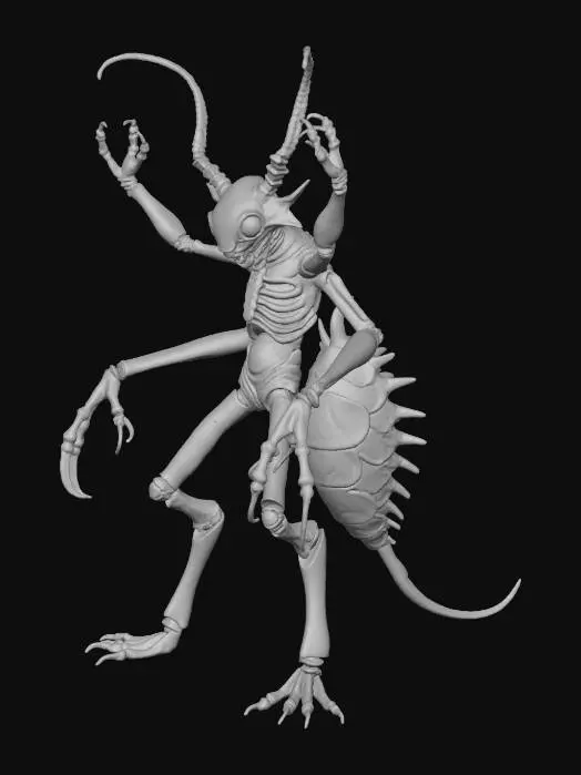 3D model for An insectoid alien with a sleek, chitinous exoskeleton with black and deep purple hue. Its slender limbs are segmented, ending in sharp, multi-jointed digits. A pair of large, multifaceted compound eyes dominate its elongated head, reflecting light with an alien glow. The creature's body is covered in fine, almost imperceptible ridges, suggesting a surprisingly smooth yet firm tactile quality. Its structure evokes both fragility and formidable strength.
