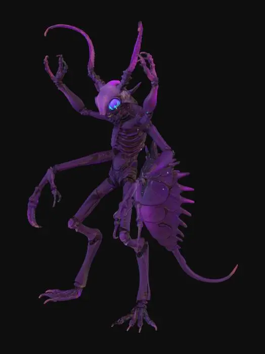 3D model for An insectoid alien with a sleek, chitinous exoskeleton with black and deep purple hue. Its slender limbs are segmented, ending in sharp, multi-jointed digits. A pair of large, multifaceted compound eyes dominate its elongated head, reflecting light with an alien glow. The creature's body is covered in fine, almost imperceptible ridges, suggesting a surprisingly smooth yet firm tactile quality. Its structure evokes both fragility and formidable strength.