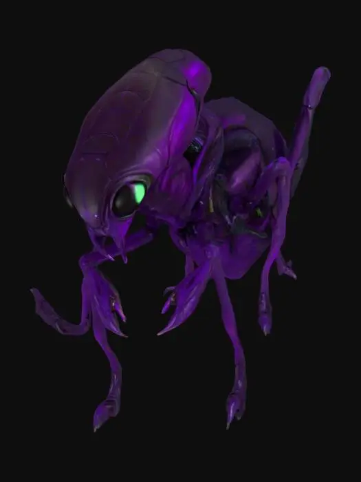 3D model for An insectoid alien with a sleek, chitinous exoskeleton with black and deep purple hue. Its slender limbs are segmented, ending in sharp, multi-jointed digits. A pair of large, multifaceted compound eyes dominate its elongated head, reflecting light with an alien glow. The creature's body is covered in fine, almost imperceptible ridges, suggesting a surprisingly smooth yet firm tactile quality. Its structure evokes both fragility and formidable strength.