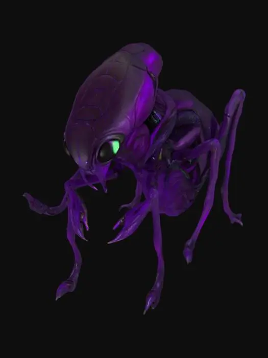 3D model for An insectoid alien with a sleek, chitinous exoskeleton with black and deep purple hue. Its slender limbs are segmented, ending in sharp, multi-jointed digits. A pair of large, multifaceted compound eyes dominate its elongated head, reflecting light with an alien glow. The creature's body is covered in fine, almost imperceptible ridges, suggesting a surprisingly smooth yet firm tactile quality. Its structure evokes both fragility and formidable strength.