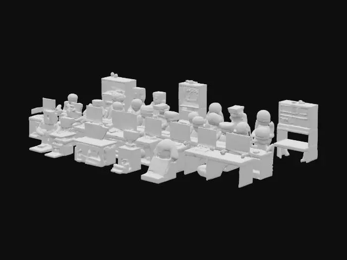 3D model for Create a 3D scene showing a diverse community of Minecraft players of different ages, from young children to elderly individuals, playing the game together but on separate computers. The scene should depict each player in their own environment, reflecting the variety of players in the Minecraft community. Make sure to include subtle details that highlight the differences in age, such as children with bright, playful setups, adults with more practical or minimalist designs, and older players with vintage or simple technology. The overall atmosphere should convey a sense of unity and collaboration, despite the differences in age and technology, emphasizing that Minecraft is enjoyed by people of all generations.