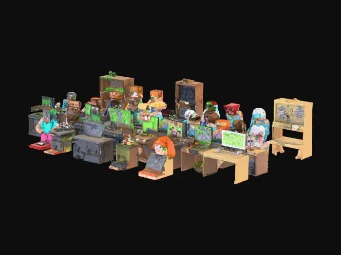 3D model for Create a 3D scene showing a diverse community of Minecraft players of different ages, from young children to elderly individuals, playing the game together but on separate computers. The scene should depict each player in their own environment, reflecting the variety of players in the Minecraft community. Make sure to include subtle details that highlight the differences in age, such as children with bright, playful setups, adults with more practical or minimalist designs, and older players with vintage or simple technology. The overall atmosphere should convey a sense of unity and collaboration, despite the differences in age and technology, emphasizing that Minecraft is enjoyed by people of all generations.