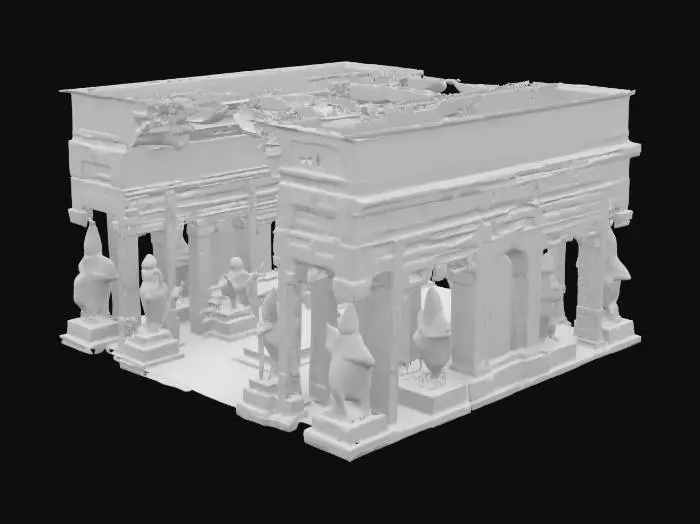 3D model for A realistic 3D-rendered ancient temple hallway interior, dimly lit with glowing runes and carved stone statues on both sides. The hallway ends clearly after two statues on one side, with a detailed stone wall closing it off. The floor is made of polished stone tiles, and the atmosphere is slightly misty and mysterious. No central crystal or platform, just a beautifully detailed, enclosed temple chamber.