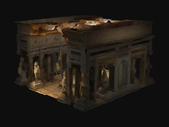 3D model for A realistic 3D-rendered ancient temple hallway interior, dimly lit with glowing runes and carved stone statues on both sides. The hallway ends clearly after two statues on one side, with a detailed stone wall closing it off. The floor is made of polished stone tiles, and the atmosphere is slightly misty and mysterious. No central crystal or platform, just a beautifully detailed, enclosed temple chamber.