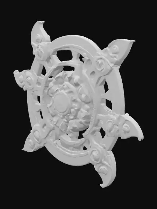 3D model for Design a symmetrical 3D spinning trap with four large curved blades extending from a central circular core. The blades should look ancient but deadly—each one made of worn steel with engraved mystical runes glowing faint blue. The central hub is a stone and metal mechanism, circular and chunky, with gears and magical carvings around the base. The entire object should appear as if it could rotate horizontally, mounted on a temple floor. Stylized for a fantasy adventure setting, weathered and slightly battle-scarred.