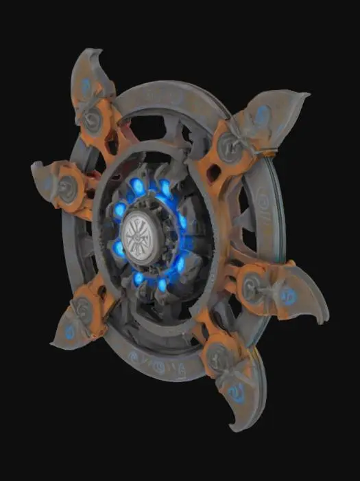 3D model for Design a symmetrical 3D spinning trap with four large curved blades extending from a central circular core. The blades should look ancient but deadly—each one made of worn steel with engraved mystical runes glowing faint blue. The central hub is a stone and metal mechanism, circular and chunky, with gears and magical carvings around the base. The entire object should appear as if it could rotate horizontally, mounted on a temple floor. Stylized for a fantasy adventure setting, weathered and slightly battle-scarred.
