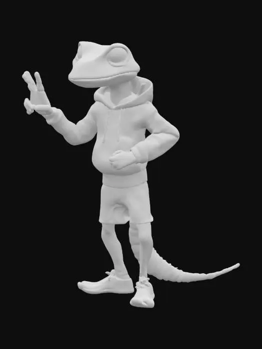 3D model for Cartoon gecko lizard in a hoodie standing on its 2 back feet, the gecko is making a peace sign with the fingers on his right hand, 