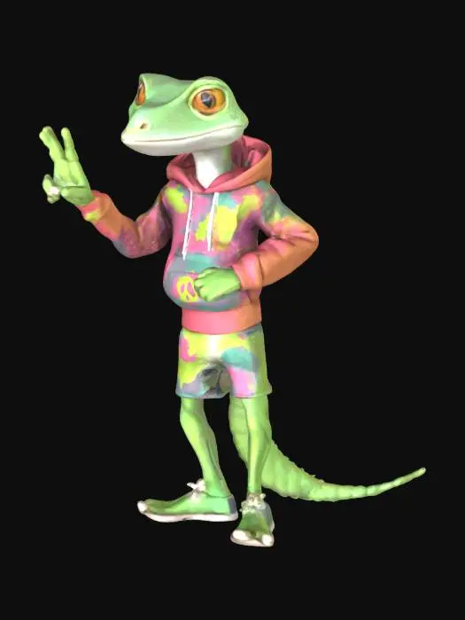 3D model for Cartoon gecko lizard in a hoodie standing on its 2 back feet, the gecko is making a peace sign with the fingers on his right hand, 