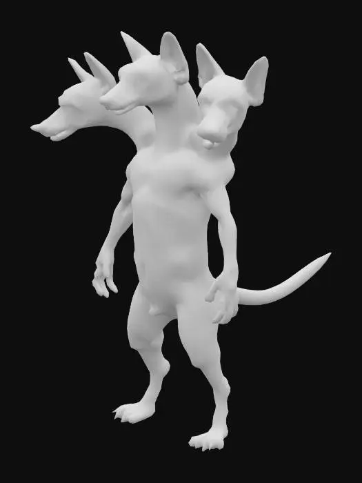 3D model for A three-headed dog, one head is chihuahua, the second one, doberman, and the third one, morkie. It stands on two legs with hands out and feet apart.