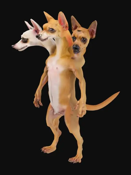 3D model for A three-headed dog, one head is chihuahua, the second one, doberman, and the third one, morkie. It stands on two legs with hands out and feet apart.