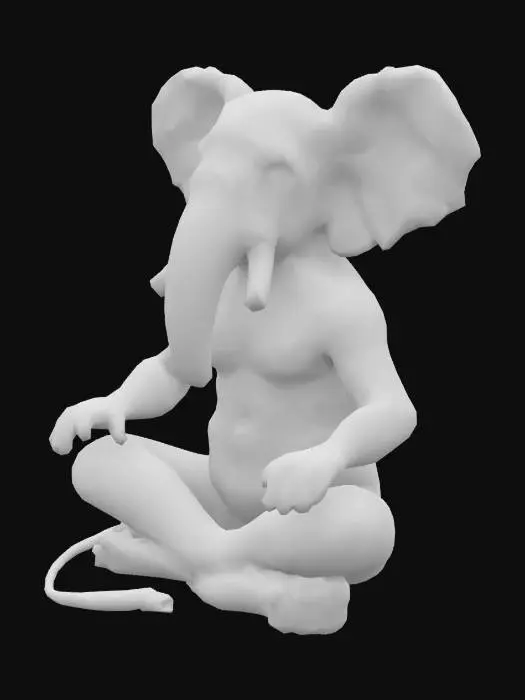 3D model for An anthropomorphic elephant-like creature, seated cross-legged in a meditative pose. Its skin is a wrinkled, thick, greyish-white hide, textured with prominent folds and a slightly coarse feel. The stout body features human-like arms and legs, with the arms raised and hands forming a circle above its head. The head is distinctly elephantine with large ears, a short trunk, and small, reddish-eyed eyes conveying a calm expression. Fine, sparse hairs are visible on its limbs.