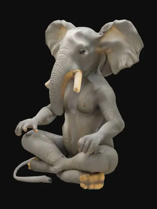 3D model for An anthropomorphic elephant-like creature, seated cross-legged in a meditative pose. Its skin is a wrinkled, thick, greyish-white hide, textured with prominent folds and a slightly coarse feel. The stout body features human-like arms and legs, with the arms raised and hands forming a circle above its head. The head is distinctly elephantine with large ears, a short trunk, and small, reddish-eyed eyes conveying a calm expression. Fine, sparse hairs are visible on its limbs.
