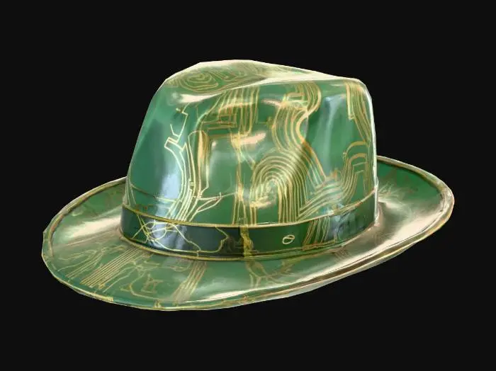 3D model for Circuit Board Fedora – green PBR surface with gold traces, slightly worn for realism.
