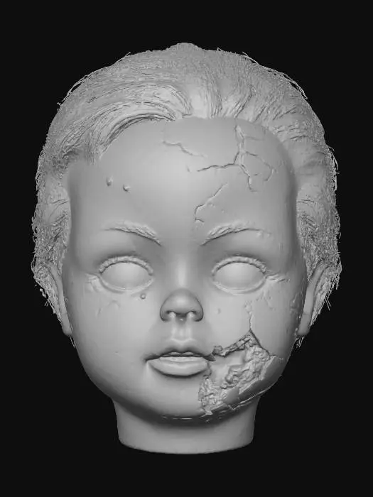 3D model for A disturbing, broken doll head of cracked, grimy porcelain, its surface streaked with discolored grime. One eye socket is eerily hollow, while the other features a wide, unsettlingly intact glass eye staring blankly. Its once-pink painted lips are severely chipped and peeling, revealing dark, jagged edges. Patches of matted, greasy brown hair cling sparsely to its scalp, adding to its unsettling, fragile appearance and radiating a profound sense of weird horror.