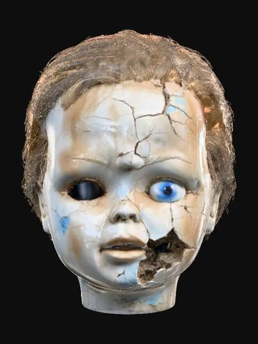 3D model for A disturbing, broken doll head of cracked, grimy porcelain, its surface streaked with discolored grime. One eye socket is eerily hollow, while the other features a wide, unsettlingly intact glass eye staring blankly. Its once-pink painted lips are severely chipped and peeling, revealing dark, jagged edges. Patches of matted, greasy brown hair cling sparsely to its scalp, adding to its unsettling, fragile appearance and radiating a profound sense of weird horror.