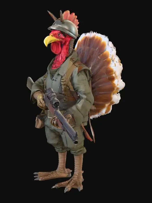 3D model for a humanoid living turkey with spikey tail feathers, holding a shot gun, wearing a helmet(that doesn't cover his eyes) with a spike on top of the helmet