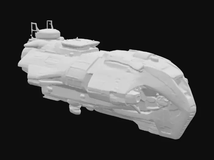 3D model for Das Raumschiff ist ein realistischer Sci-Fi-Frachter mit einem großen modularen Lagerraum, vier Haupt- und Korrekturtriebwerken sowie Radiatorenflächen und Solarpanels zur Energie- und Wärmeregulierung. Es verfügt über ein Cockpit auf dem Dach, ein Observatorium, drehbare Docking-Ports und ein rotierendes Habitat-Modul, das der Crew künstliche Schwerkraft bietet. Für Sicherheit sorgen Strahlenschutz, abtrennbare Notfallkapseln und robuste Andockmöglichkeiten für kleinere Schiffe oder Stationen.