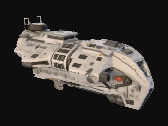 3D model for Das Raumschiff ist ein realistischer Sci-Fi-Frachter mit einem großen modularen Lagerraum, vier Haupt- und Korrekturtriebwerken sowie Radiatorenflächen und Solarpanels zur Energie- und Wärmeregulierung. Es verfügt über ein Cockpit auf dem Dach, ein Observatorium, drehbare Docking-Ports und ein rotierendes Habitat-Modul, das der Crew künstliche Schwerkraft bietet. Für Sicherheit sorgen Strahlenschutz, abtrennbare Notfallkapseln und robuste Andockmöglichkeiten für kleinere Schiffe oder Stationen.