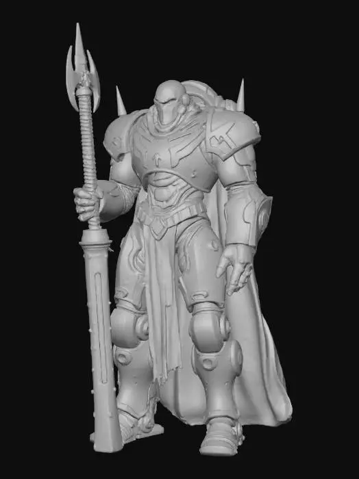3D model for "Giant grimdark warlord encased in heavy reinforced armor with reactor vents, wielding a colossal energy broadsword, mechanical tendrils moving behind him, standing on industrial rubble base, STL-ready boss miniature, brutal dark sci-fi tone."
