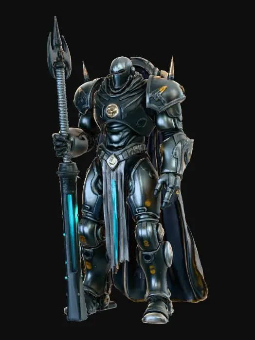 3D model for "Giant grimdark warlord encased in heavy reinforced armor with reactor vents, wielding a colossal energy broadsword, mechanical tendrils moving behind him, standing on industrial rubble base, STL-ready boss miniature, brutal dark sci-fi tone."