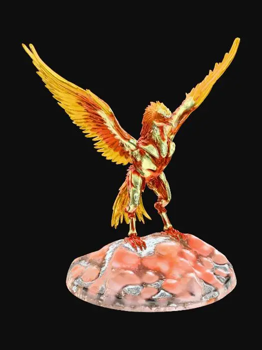 3D model for "Mechanical phoenix with radiant energy wings, glowing internal core, segmented metal feathers, rising from burning techno-fire on elevated base, powerful sci-fi mythical mecha creature, STL-ready."