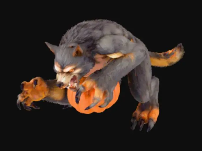 3D model for Un loup-garou féroce se tient dans une pose dynamique, son corps musclé couvert d'une fourrure épaisse et hirsute, variant du gris foncé au brun. Ses griffes acérées et ses crocs proéminents sont d'une blancheur menaçante. Une de ses pattes avant, puissante et velue, repose fermement sur une citrouille texturée aux nervures prononcées et à la teinte orange vif, ajoutant un contraste saisissant à sa silhouette imposante et tendue. Ses yeux perçants brillent d'une lueur agressive.