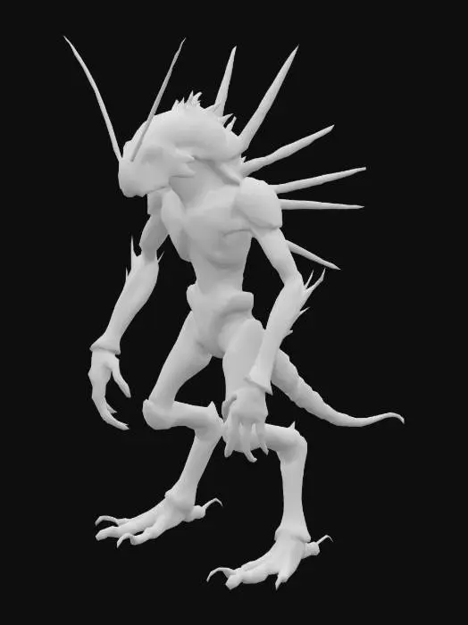 3D model for insectoid bipedal alien that looks like an armored grasshopper with sharp spikes and barbs on a hardened carapace, two large legs, two long arms, set of two small arms in the mid abdomen, earthy tones of brown and green with bright red and blue highlights on the edges of its armor