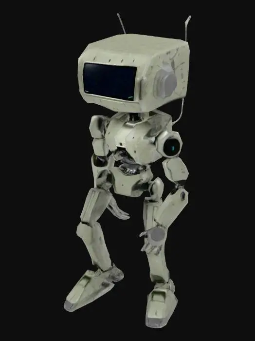 3D model for bipedal robot, lcd monitor for head,, white background, no shadow,