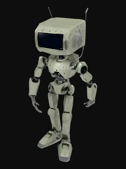 3D model for bipedal robot, lcd monitor for head,, white background, no shadow,