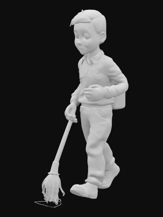 3D model for A low-poly cartoonish humanoid janitor with exaggerated long arms, round head with no mouth, and oversized eyes that never blink. Wears a faded blue jumpsuit, rubber gloves, and carries a mop that drips glowing liquid. Walks in a stiff, glitchy loop, with one foot always dragging. 