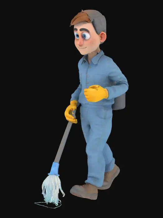 3D model for A low-poly cartoonish humanoid janitor with exaggerated long arms, round head with no mouth, and oversized eyes that never blink. Wears a faded blue jumpsuit, rubber gloves, and carries a mop that drips glowing liquid. Walks in a stiff, glitchy loop, with one foot always dragging. 
