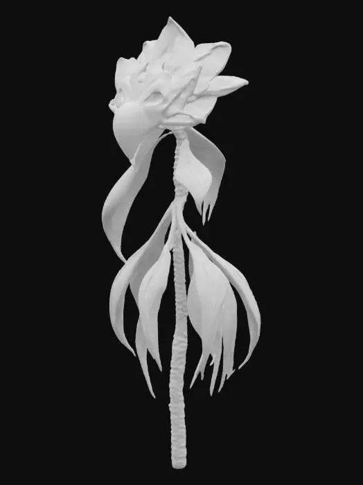 3D model for A tall, flower-like alien with black silk-textured petals that droop downward. The petals release fine spores when approached, causing hallucinations of static or ghost-like figures. The center contains a large amber-colored eye that closes slowly when observed. Style: horror-botanical fusion, unnerving but beautiful