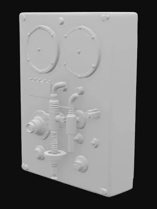 3D model for Coolant Flow Regulator Console
Coolant control module with analog flow gauges, blinking coolant warning lights, pressure valves, and heavy switch levers — aquamarine finish, aged industrial style - image please make this a 9:16 vertical layout