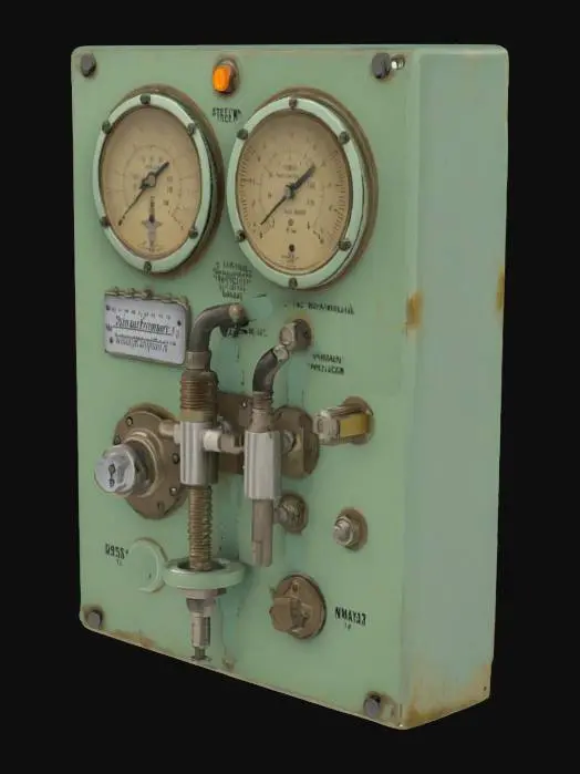 3D model for Coolant Flow Regulator Console
Coolant control module with analog flow gauges, blinking coolant warning lights, pressure valves, and heavy switch levers — aquamarine finish, aged industrial style - image please make this a 9:16 vertical layout