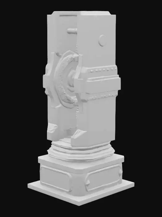 3D model for Monolithic sculpture of a glowing reactor core split down the middle, rotating gears exposed inside, base covered in warning signs and prayer-like inscriptions