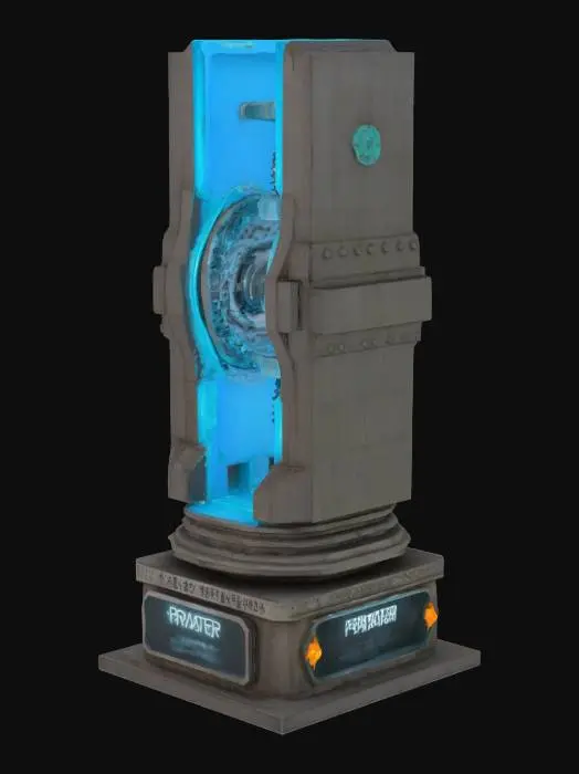 3D model for Monolithic sculpture of a glowing reactor core split down the middle, rotating gears exposed inside, base covered in warning signs and prayer-like inscriptions
