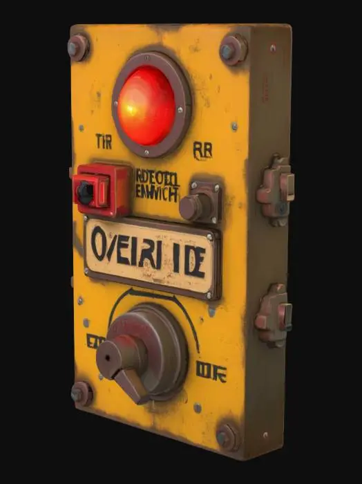 3D model for Emergency Override Panel
Retro yellow emergency override panel with a glowing red dial, covered switch guards, rotary locks, and a cracked “OVERRIDE” warning plate — dusty and heavily worn