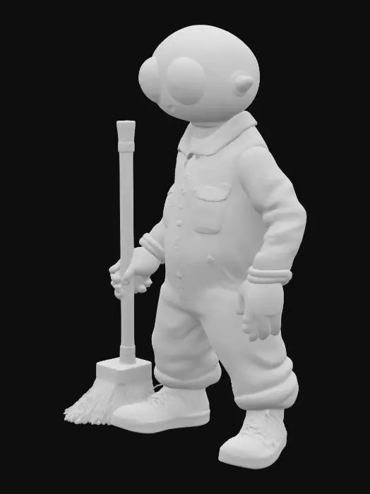3D model for A low-poly cartoonish humanoid janitor with exaggerated long arms, round head with no mouth, and oversized eyes that never blink. Wears a faded blue jumpsuit, rubber gloves, and carries a mop that drips glowing liquid. Walks in a stiff, glitchy loop, with one foot always dragging. 