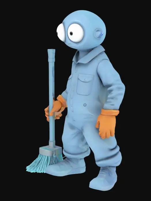 3D model for A low-poly cartoonish humanoid janitor with exaggerated long arms, round head with no mouth, and oversized eyes that never blink. Wears a faded blue jumpsuit, rubber gloves, and carries a mop that drips glowing liquid. Walks in a stiff, glitchy loop, with one foot always dragging. 