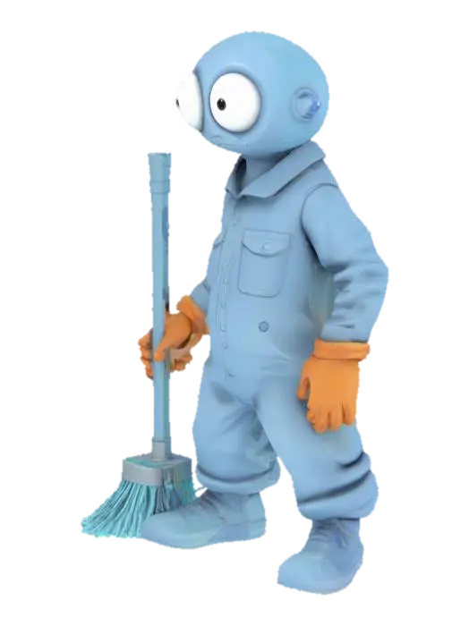 A low-poly cartoonish humanoid janitor with exaggerated long arms, round head… - Oversizedeyes 3D model, vytvořený pomocí AI