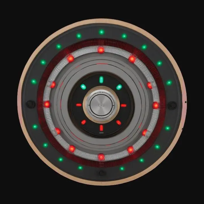 3D model for A circular wall disc with concentric metallic rings, embedded audio emitters, and radial LED strips. Appears to function as both art and a sound-based utility