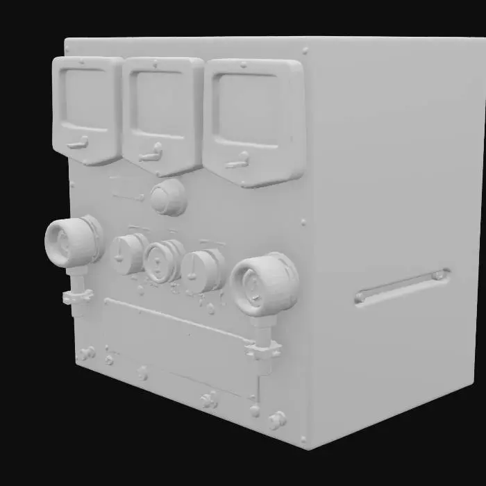 3D model for Power distribution panel with oversized voltage meters, clean plastic casings, thick rotary knobs, and faded warning labels dark green — retro sci-fi industrial module 