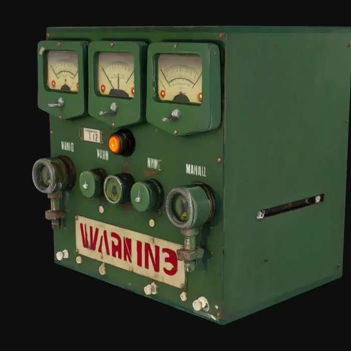 3D model for Power distribution panel with oversized voltage meters, clean plastic casings, thick rotary knobs, and faded warning labels dark green — retro sci-fi industrial module 